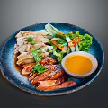 Sliced Grilled Chicken With Fresh Vegetable Salad And Orange Sauce On Blue Plate