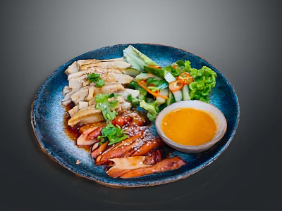 Sliced Grilled Chicken With Fresh Vegetable Salad And Orange Sauce On Blue Plate 3d model