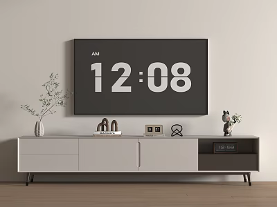 Modern White TV Stand with Drawers and Cabinets Featuring TV and Decorative Ornaments 3d model