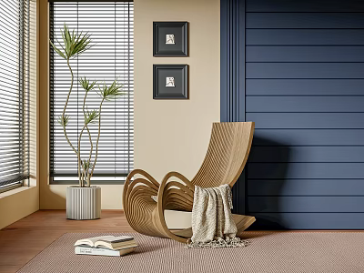 Modern Wicker Lounge Chair With Beige Blanket Navy Blue Wall And Black Framed Paintings 3d model