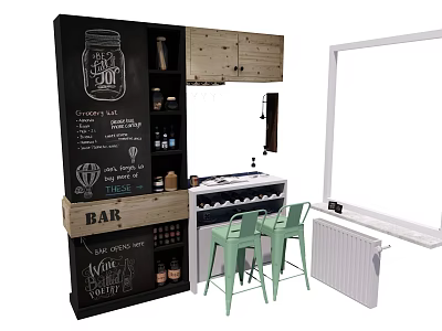 Stylish Bar Interior With Green Stools Chalkboard Wall And Wooden Cabinets 3d model