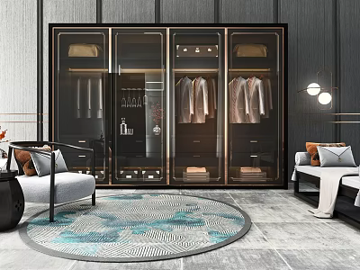 Luxury Modern Wardrobe Interior With Glass Doors Metal Frame Hanging Clothes And Drawers 3d model