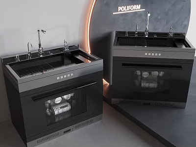 Modern Black Poliform Kitchen Appliances with Sink Faucet and Glass Door Cabinet 3d model
