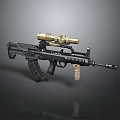 Black Tactical Assault Rifle With Golden Scope And Magazine Components