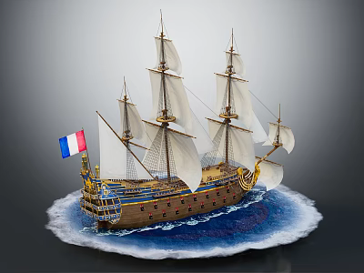 Exquisite Wooden Sailing Ship Model with White Sails and French Flag on Wave Base 3d model