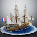 Exquisite Wooden Sailing Ship Model with White Sails and French Flag on Wave Base