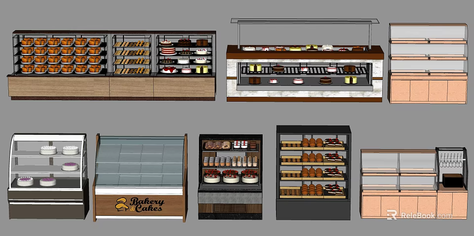 Bakery Display Shelves With Glass Doors And Wooden Frames For Cakes Pastries And Bread 3d model 