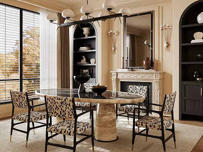 Elegant Dining Room With Large Windows Blinds Chandelier Round Marble Table Patterned Chairs 3d model