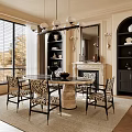 Elegant Dining Room With Large Windows Blinds Chandelier Round Marble Table Patterned Chairs
