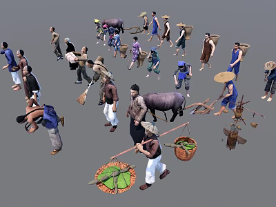 Multiple People Engaged in Traditional Labor Carrying Baskets Using Farm Tools And Ox 3d model