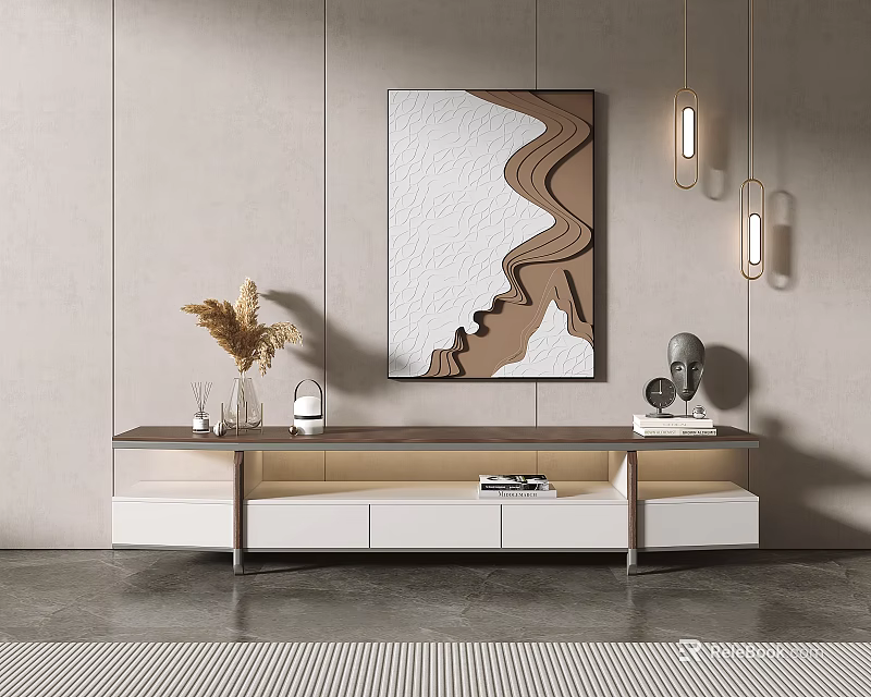 Modern Wooden TV Stand with White Storage Drawers Abstract Wall Painting Decorative Items Hanging Lights 3d model 