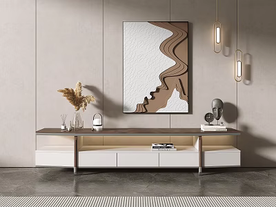 Modern Wooden TV Stand with White Storage Drawers Abstract Wall Painting Decorative Items Hanging Lights 3d model