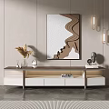 Modern Wooden TV Stand with White Storage Drawers Abstract Wall Painting Decorative Items Hanging Lights