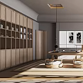 Minimalist Tea Room With Wooden Long Table Round Stools Decorative Paintings Natural Light Hanging Lights