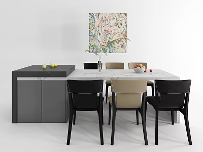 Modern Dining Table Set With Marble Top Black Beige Chairs Grey Cabinet And Decorative Painting 3d model