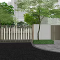 Modern Entrance Gate With Vertical Metal Slats Surrounded By Trees And Greenery