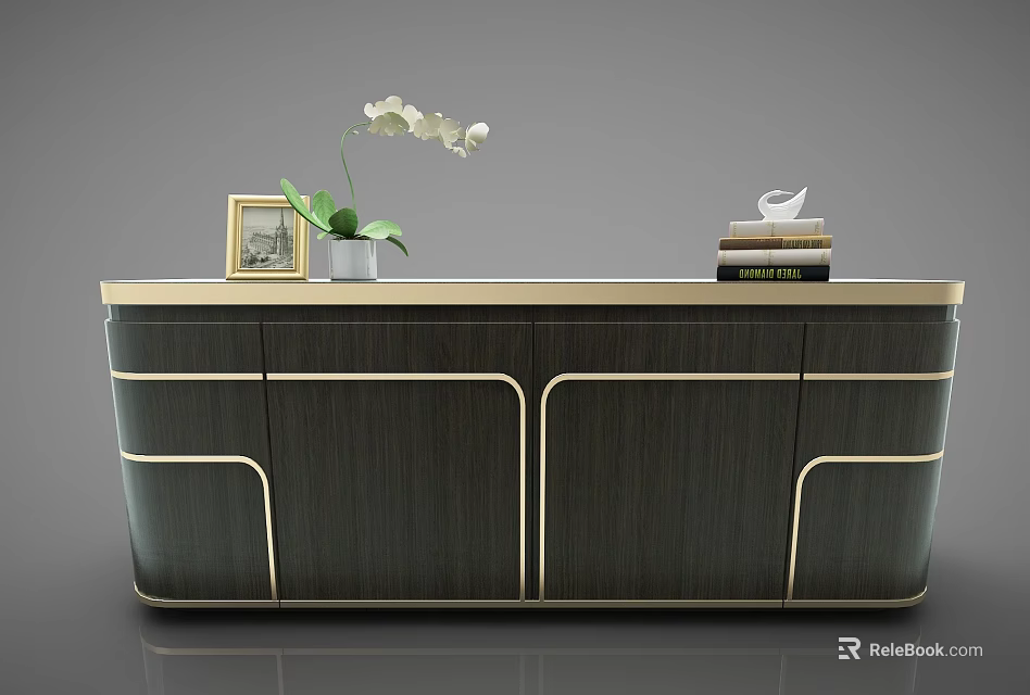 Dark Green Entryway Side Cabinet With Gold Trim White Orchid Photo Frame And Books 3d model 