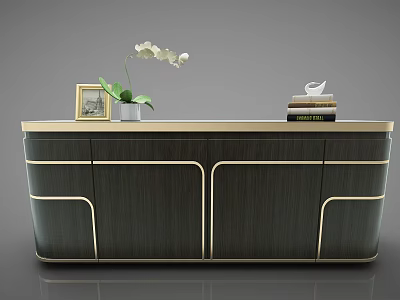 Dark Green Entryway Side Cabinet With Gold Trim White Orchid Photo Frame And Books 3d model