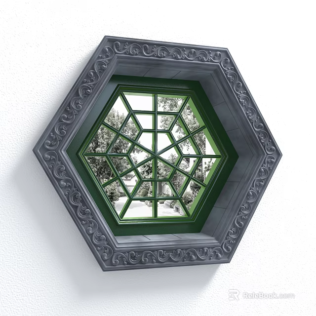 Ornate Octagonal Window With Green Frame And Trees View Outside 3d model 