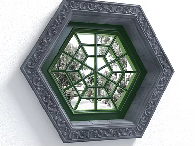 Ornate Octagonal Window With Green Frame And Trees View Outside 3d model