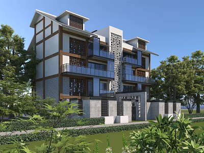 Semi Detached Villa Modern Exterior Design With Balconies And Greenery Surroundings 3d model