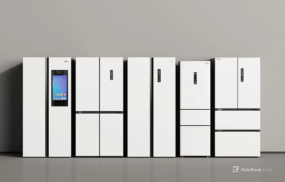 Sleek White Refrigerators And Freezers With Various Door Styles And Digital 3d model 
