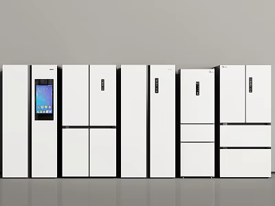 Sleek White Refrigerators And Freezers With Various Door Styles And Digital 3d model