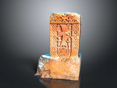 Ancient Architectural Carving With Intricate Relief Patterns Orange Red Stone And Weathered Base 3d model