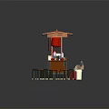 Food Cart With Orange Canopy Red Curtains Countertop Items And Stools Around