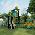 Blue And Yellow Playground Equipment With Slide And Windmills On Green Lawn Surrounded By Trees