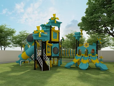 Blue And Yellow Playground Equipment With Slide And Windmills On Green Lawn Surrounded By Trees 3d model
