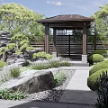 Modern Courtyard Garden With Wooden Pergola Stone Pathway Pruned Trees And Green Shrubs