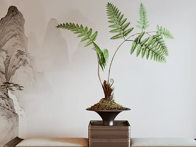 Elegant Bonsai Fern Plant in Black Pot on Wooden Base with Ink Painting Mountain Wall 3d model