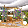 Open Multi Level Indoor Public Space With Colorful Geometric Structures Green Plants And Wooden Flooring