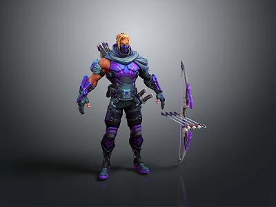 Man Wearing Purple And Black Spiked Armor Holding Bow With Arrow Quiver 3D Character 3d model
