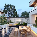 Modern Courtyard Garden With Outdoor Dining Set Water Feature Green Plants And Lighting