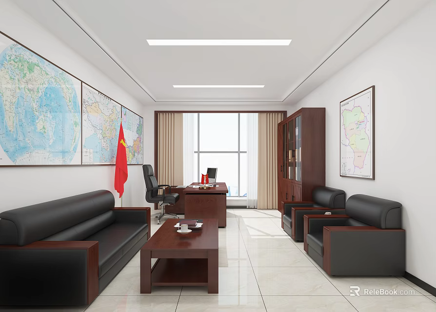 Modern Office Interior With World Maps Chinese Flag Leather Sofas Coffee Table Desk And Bookshelf 3d model 