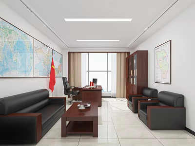 Modern Office Interior With World Maps Chinese Flag Leather Sofas Coffee Table Desk And Bookshelf 3d model