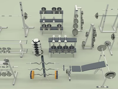 Sports Equipment Collection Including Barbells Dumbbells Weight Racks And Bench Press 3d model