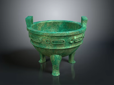Ancient Bronze Tripod Cauldron With Decorative Patterns Two Side Handles And Three Legs 3d model