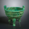 Ancient Bronze Tripod Cauldron With Decorative Patterns Two Side Handles And Three Legs 3d model