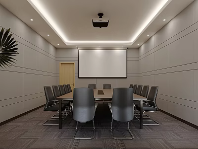 Modern Meeting Room With Long Table Chairs Projection Screen Projector Gray Walls And Decorative Lines 3d model