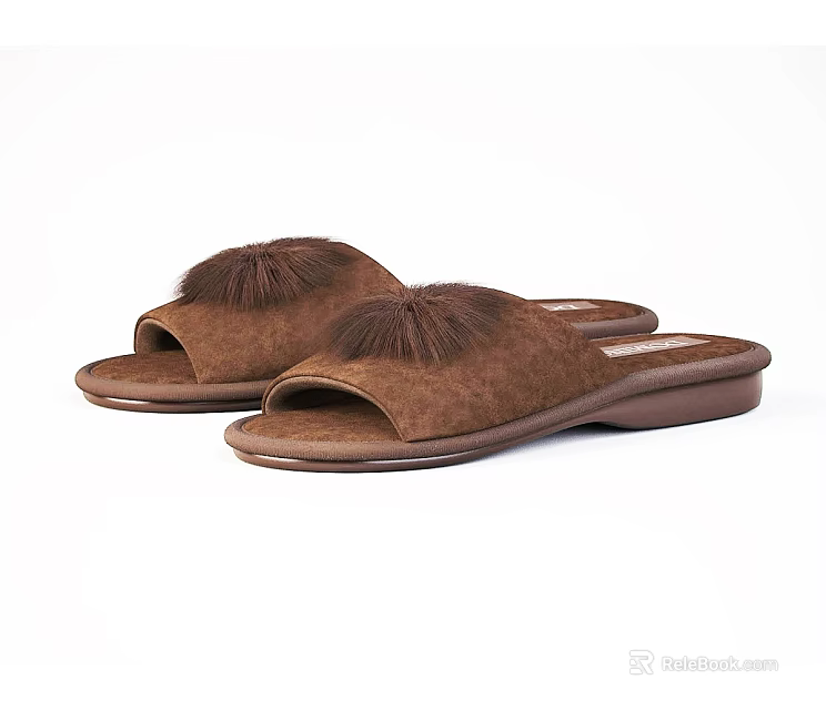 Brown Suede Slippers With Pom Pom Decor And Flat Comfortable Sole 3d model 