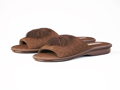 Brown Suede Slippers With Pom Pom Decor And Flat Comfortable Sole 3d model