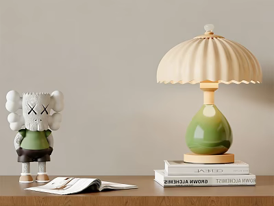 Green Table Lamp With Pleated Beige Lampshade On Stacked Books And Decorative Doll 3d model