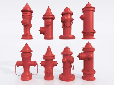 Red Fire Hydrants In Various Styles For Fire Safety Equipment Display Setup 3d model