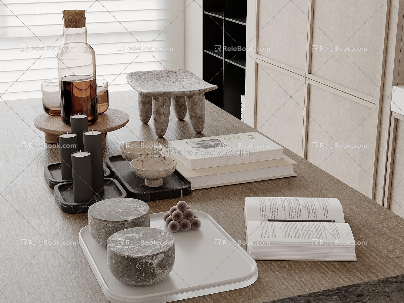 Modern Table Ornaments Combination Book Candle Bowl Wine 3d model