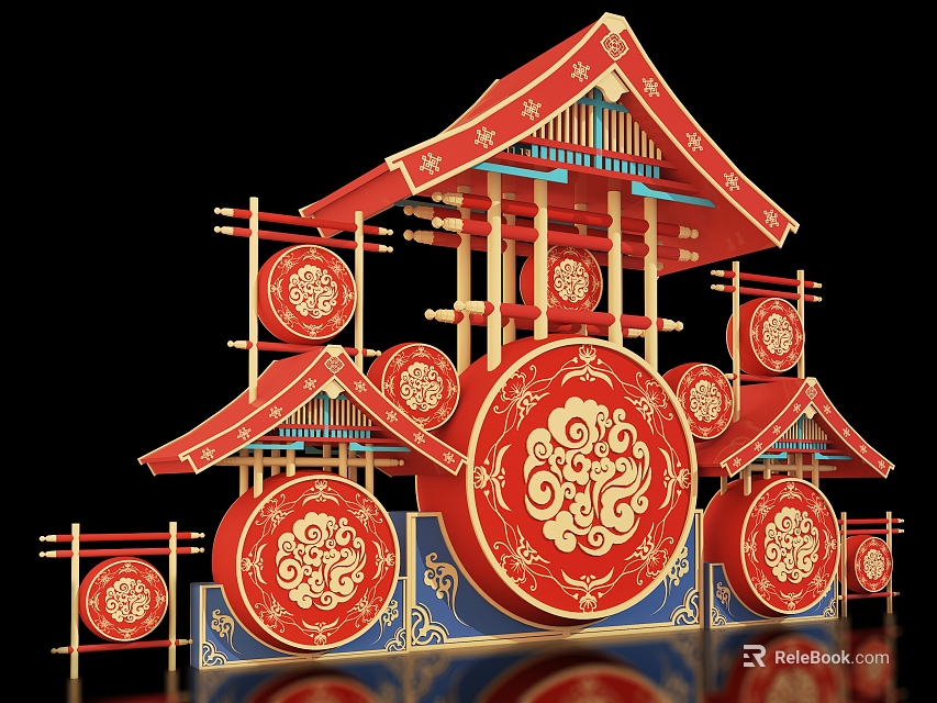 Traditional Chinese Red Photo Spot With Golden Patterns Circular Decorations And Blue Roof Details 3d model 