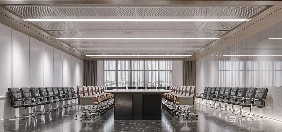 Modern Spacious Conference Room With Long Table Multiple Chairs And Large Windows 3d model 