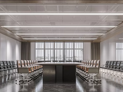 Modern Spacious Conference Room With Long Table Multiple Chairs And Large Windows 3d model
